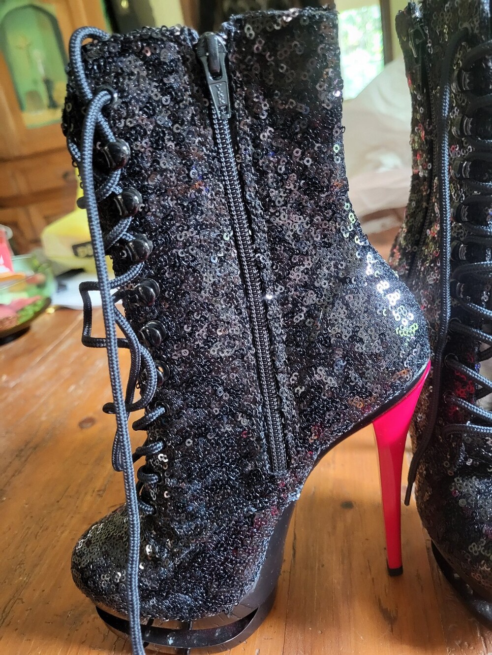Pleaser Black Sequin Lace-Up Platform Booties with Red Heel - Picture 8 of 11